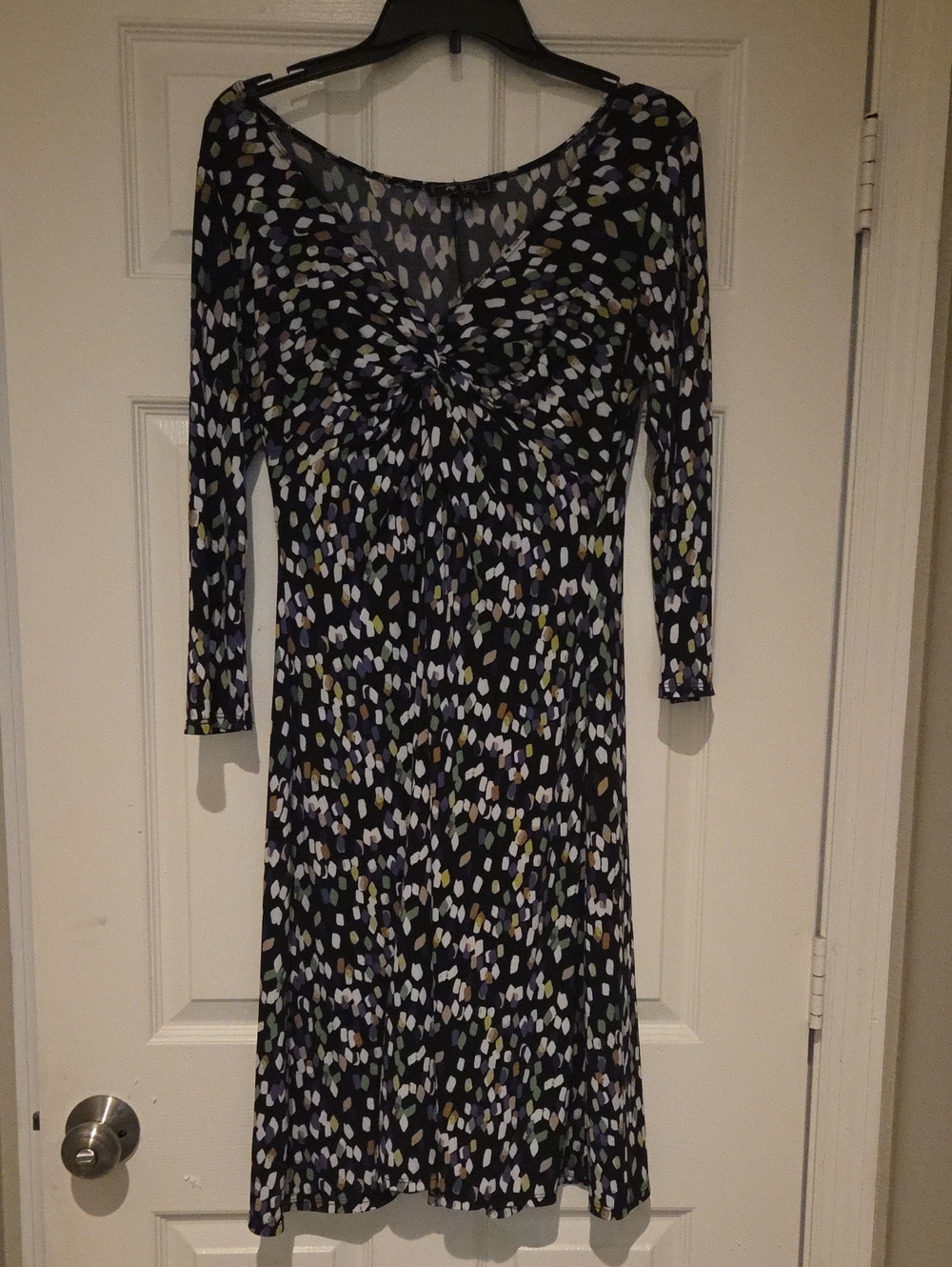Vintage Lily Black Long-Sleeve Knot-Front Printed Dress with Multi-Color Spots